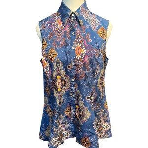 Urban Diction Women's M Floral Blue Button Down Sleeveless Shirt Colorful Boho